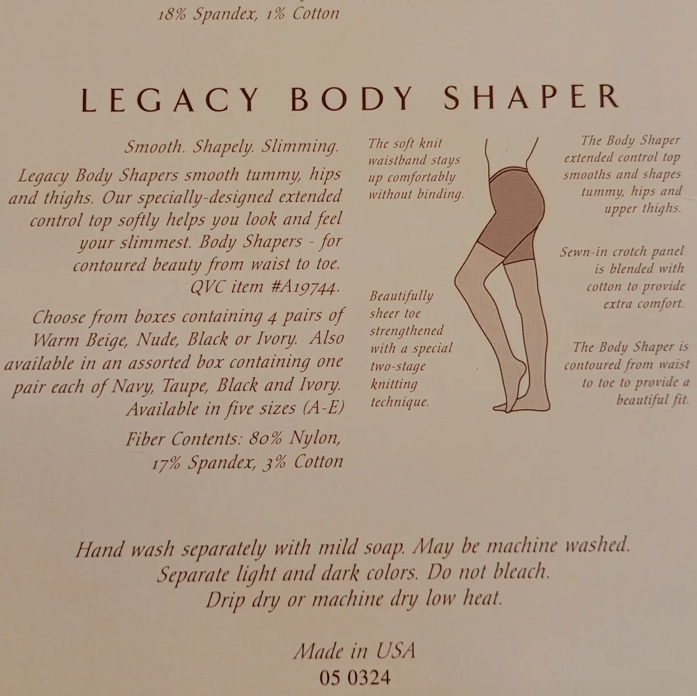 Legacy Legwear Body Shaper Pantyhose Size B Color Chestnut New In Box
